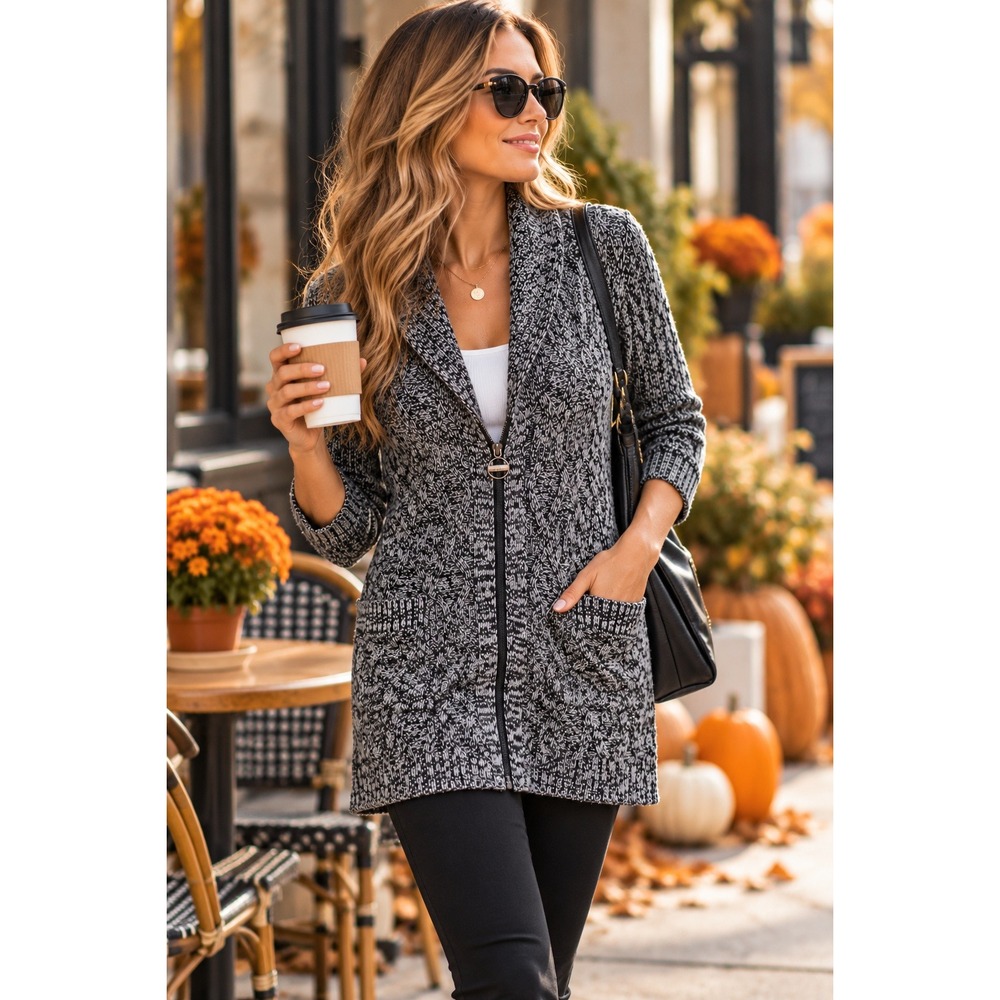 DKNY Jeans Womens Small Black White Marled Zip Front Cable Knit Long Cardigan